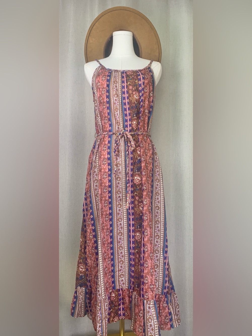 En Creme Rust and Blue Striped Floral Midi Dress with Tie Waist